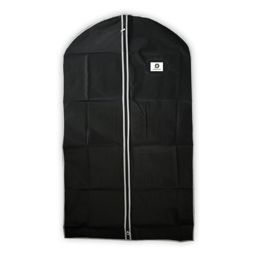 Black garment bag with zipper.