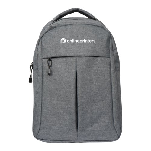 Gray fabric backpack with handle and zipper.