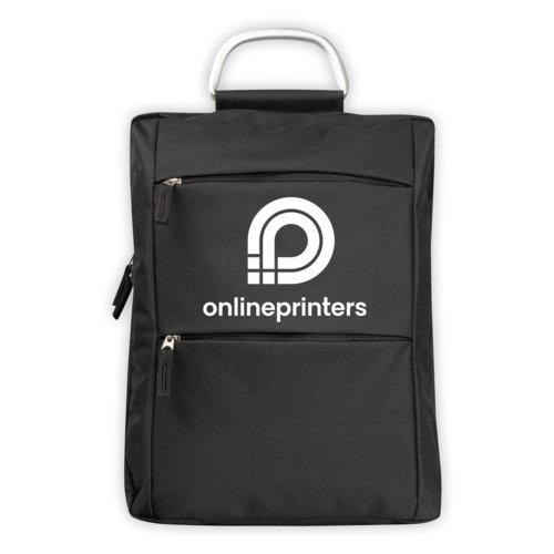 Black fabric laptop backpack with zipper closure.