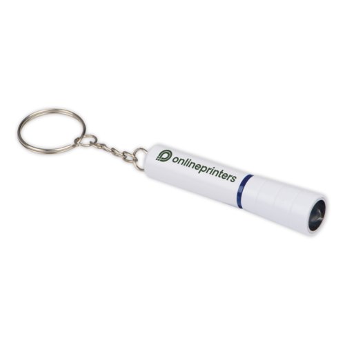 White keychain with LED light and metal ring.