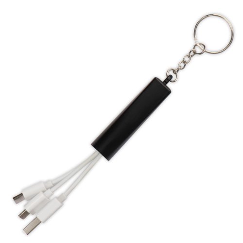 Black 3-in-1 USB charging cable with keychain.