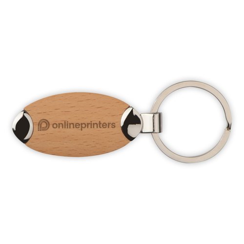 Wooden metal keychain with a ring.