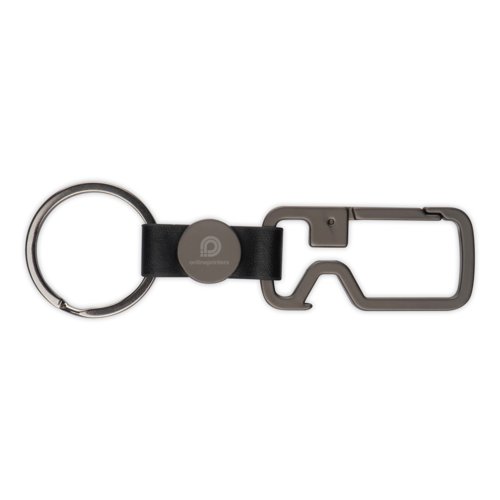 Black leather keychain with metal ring and bottle opener.