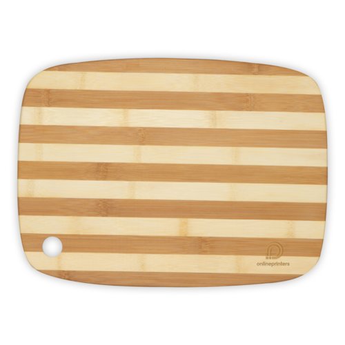 Light bamboo cutting board with rounded edges and hanging hole.