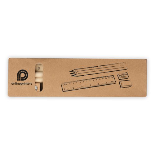 Beige writing set including pencil, sharpener, eraser and ruler.