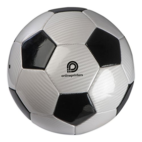 Black and white soccer ball made of plastic.