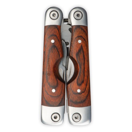 Brown wood and metal multi-tool with various tools.