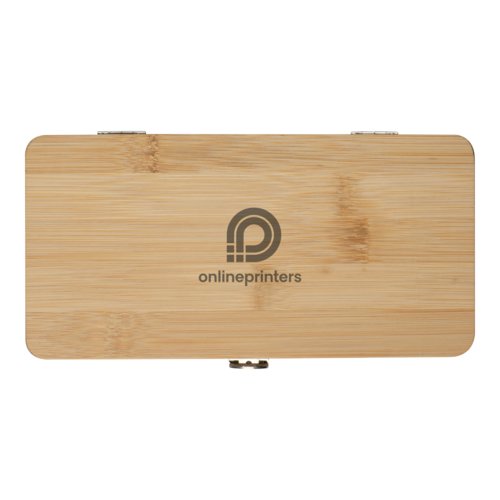 Beige bamboo tool set with hinges and a clasp.