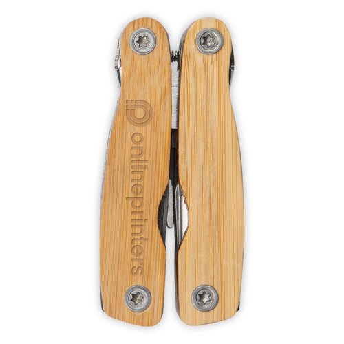 Beige bamboo multi-tool with various tools.