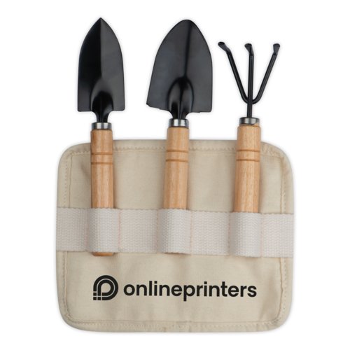 Metal and wood garden tool set in a fabric bag.