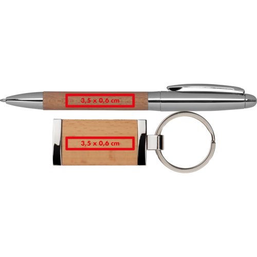 Wood and metal gift set, consisting of a ballpoint pen and a keychain.