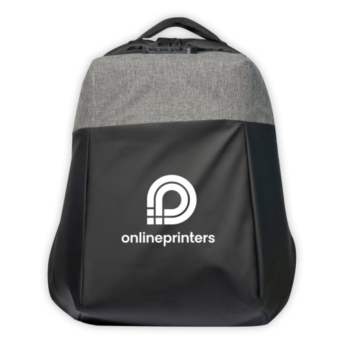 Gray material backpack with carrying handle and zipper.