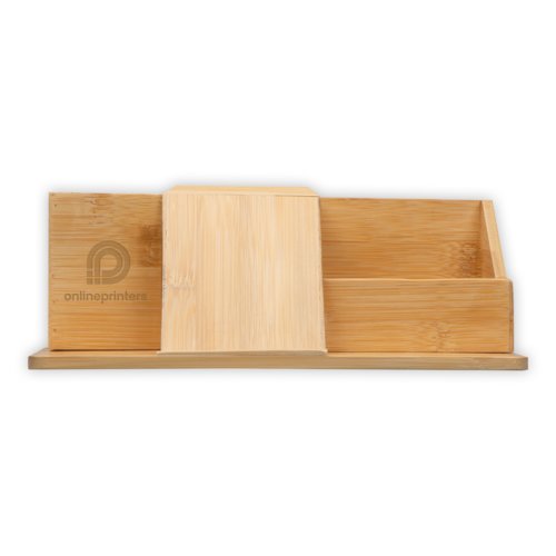 Beige bamboo desk organizer with compartments.