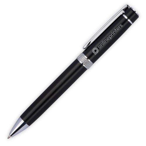 Black metal ballpoint pen with clip and twist mechanism.