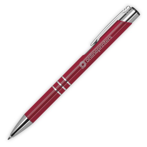 Burgundy metal ballpoint pen with clip and push mechanism.