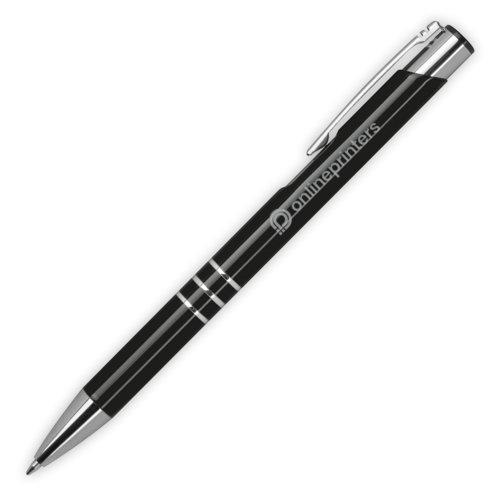 Black metal ballpoint pen with clip and push mechanism.