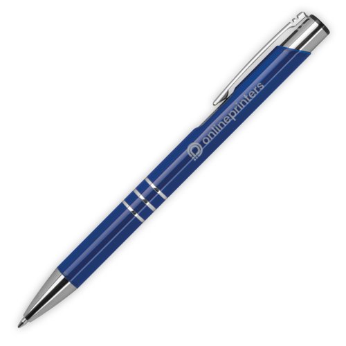 Blue metal ballpoint pen with clip and twist mechanism.