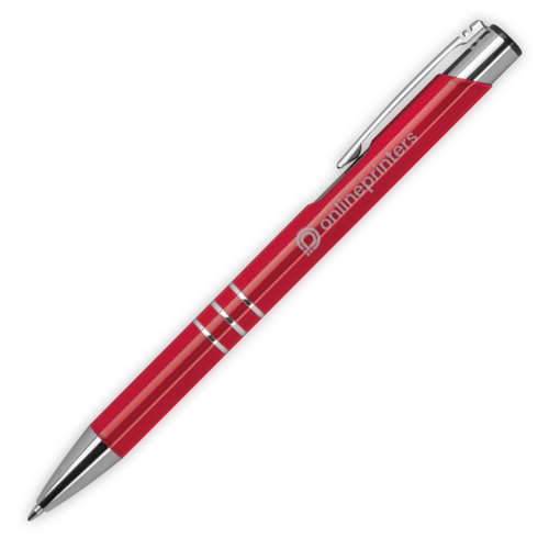 Red metal ballpoint pen with pattern, clip, and push mechanism.