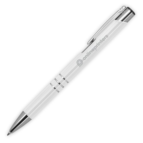 White metal ballpoint pen with clip and push button.