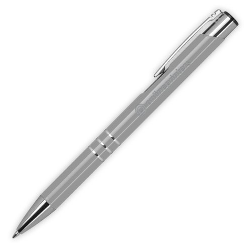 Gray metal ballpoint pen with clip and push mechanism.