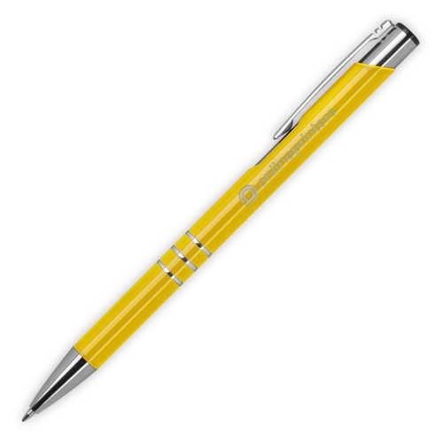 Yellow metal ballpoint pen with clip and push mechanism.