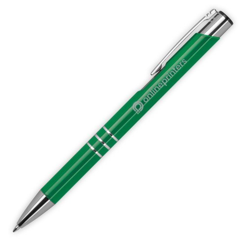 Green metal ballpoint pen with clip and push mechanism.