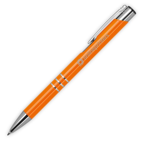 Orange metal ballpoint pen with pattern, clip and push mechanism.