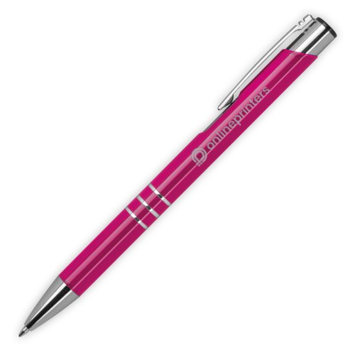 Pink metal ballpoint pen with pattern, clip and push mechanism.