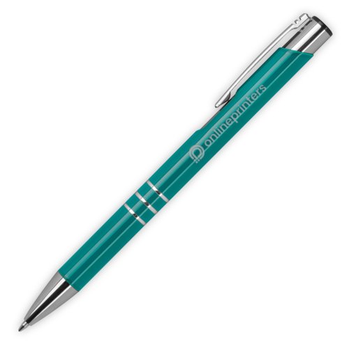 Turquoise metal ballpoint pen with clip and push button.