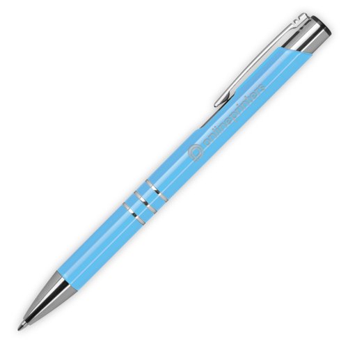 Light blue metal ballpoint pen with clip and push button.