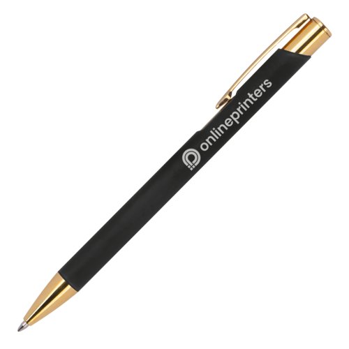 Black metal ballpoint pen with golden accents and clip.
