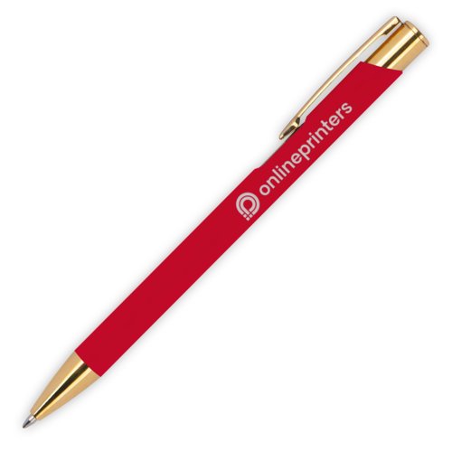 Red metal ballpoint pen with clip and twist mechanism.