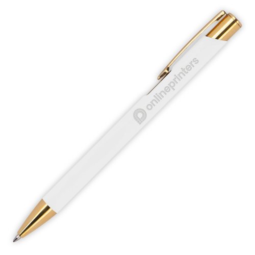 White metal ballpoint pen with pattern, clip and push mechanism.