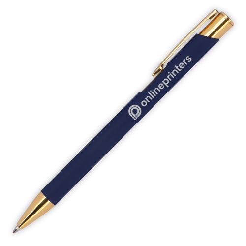 Dark blue metal ballpoint pen with pattern, clip and push mechanism.
