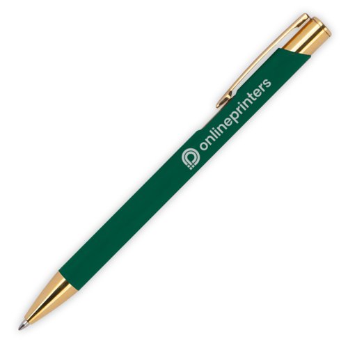 Dark green metal ballpoint pen with clip and push mechanism.