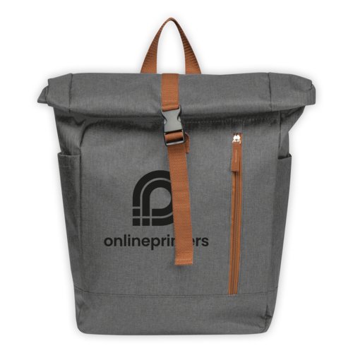 Gray fabric backpack with roll-top closure, outer pockets and handle.