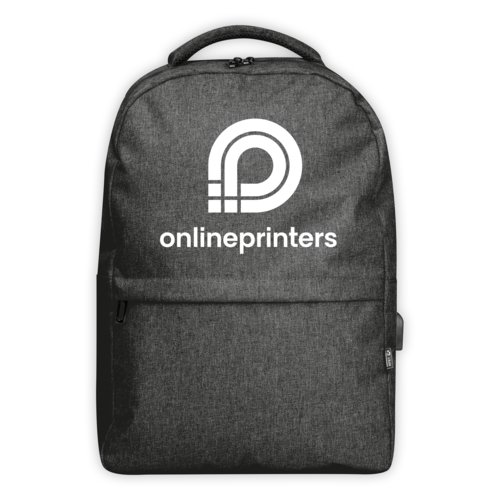 Gray RPET backpack with carrying handle and adjustable shoulder straps.