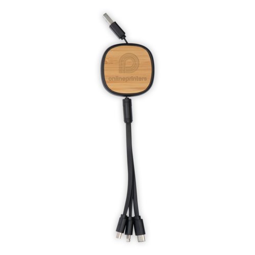 Wooden charging cable with USB, Micro-USB and USB-C connectors.