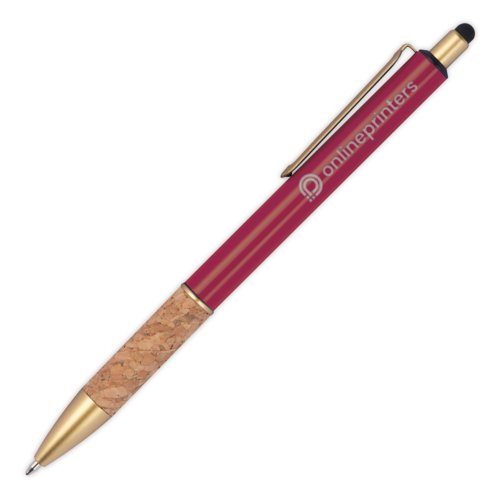 Burgundy metal ballpoint pen with cork element and touch pen function.