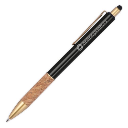 Black metal ballpoint pen with cork grip, clip, and stylus.