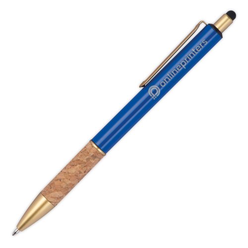 Blue metal ballpoint pen with cork grip, clip, and touch pen function.