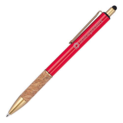 Red metal ballpoint pen with cork grip and touch pen function.