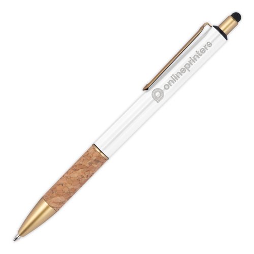 White metal ballpoint pen with cork detail and clip.