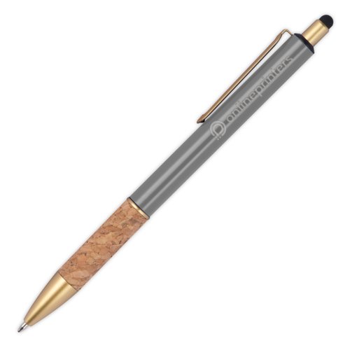 Gray metal ballpoint pen with cork grip, clip and touch pen.