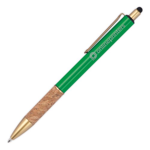 Green metal ballpoint pen with cork grip, clip and touch pen function.
