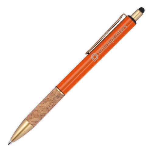 Orange metal ballpoint pen with cork accents, clip and touch pen.