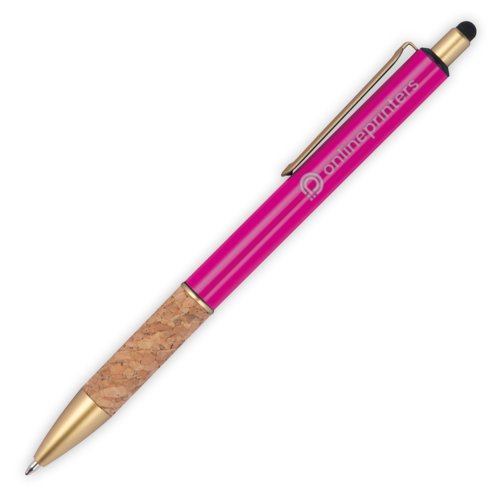Pink metal ballpoint pen with cork details, clip and touch pen function.