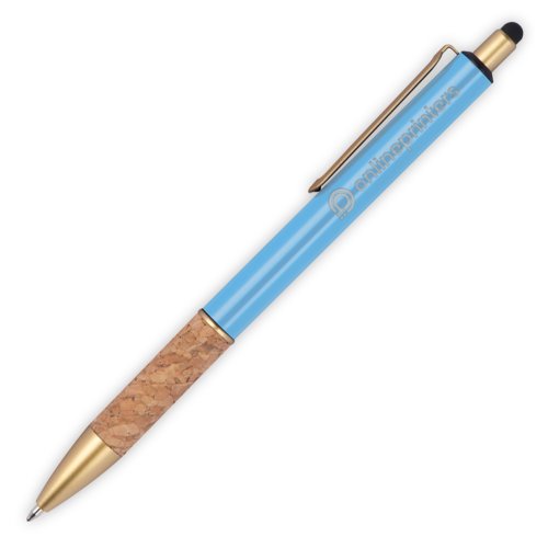 Light blue metal ballpoint pen with cork grip and touch pen function.