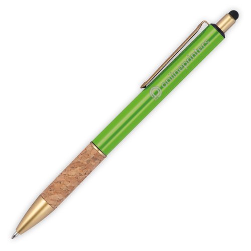Apple green metal ballpoint pen with cork grip, clip and touch pen.