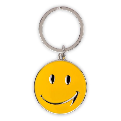 Yellow metal keychain with round pendant and metal ring.